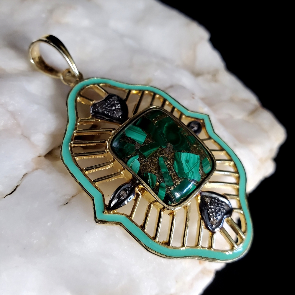 Sterling Silver 925/18kt Gold Genuine Malachite/Diamond Gemstone - Picture 10 of 13
